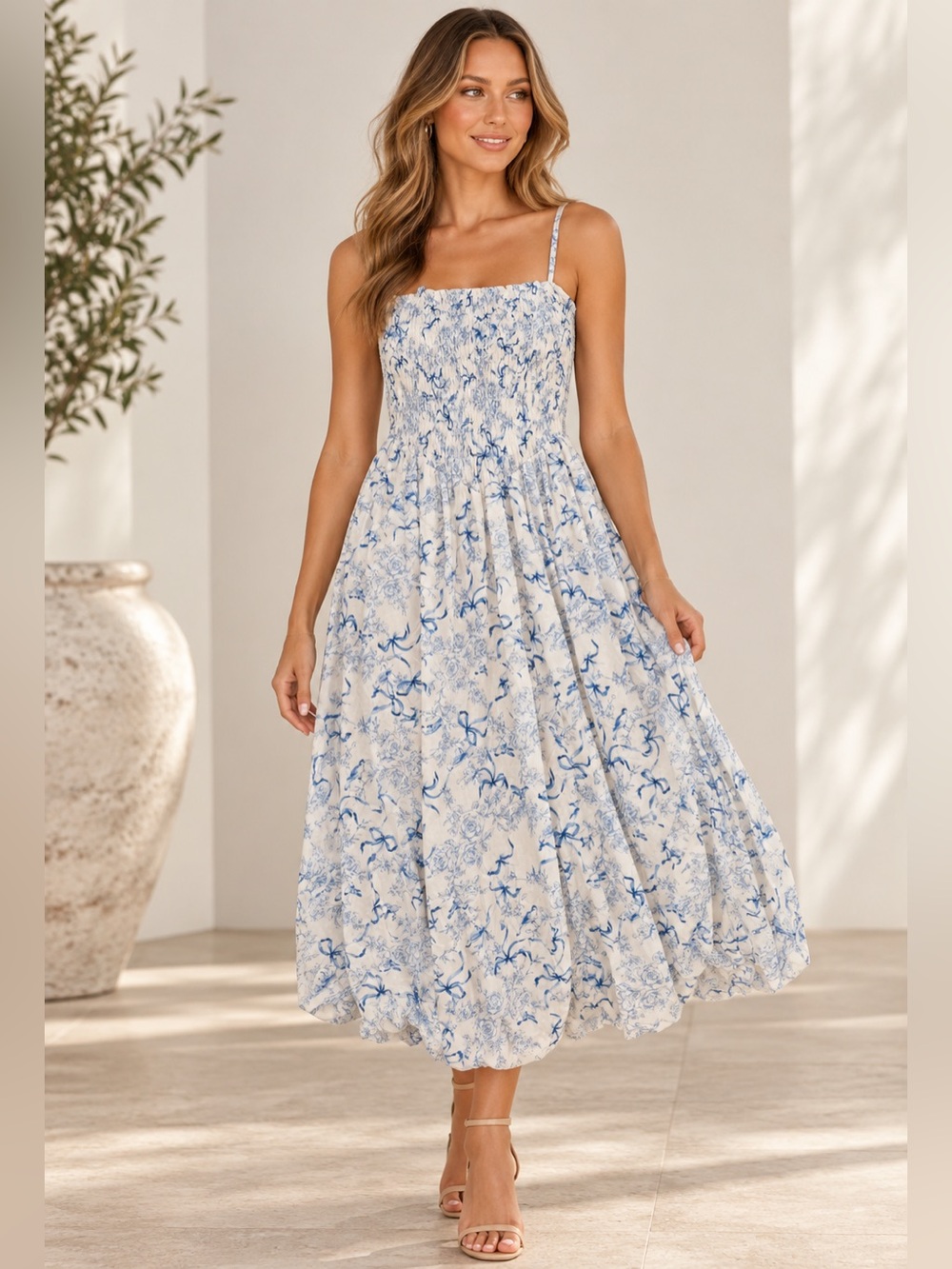 Smocked Blue Floral Midi Sundress - Women